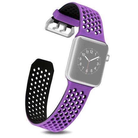 Bandje met gaatjes - 2 kleuren - Paars met zwart - Geschikt voor Apple Watch 38mm / 40mm / 41mm / 42mm