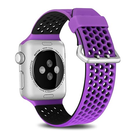 Bandje met gaatjes - 2 kleuren - Paars met zwart - Geschikt voor Apple Watch 38mm / 40mm / 41mm / 42mm