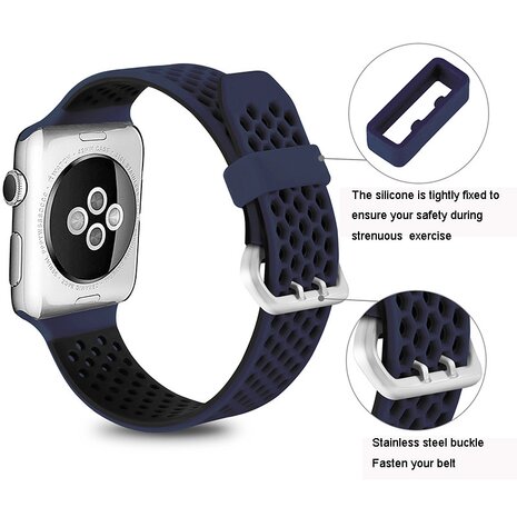 Bandje met gaatjes - 2 kleuren - Blauw met zwart - Geschikt voor Apple Watch 38mm / 40mm / 41mm / 42mm