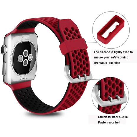 Bandje met gaatjes - 2 kleuren - Rood met zwart - Geschikt voor Apple Watch 38mm / 40mm / 41mm / 42mm