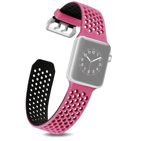 Bandje met gaatjes - 2 kleuren - Roze met zwart - Geschikt voor Apple Watch 44mm / 45mm / 46mm / 49mm